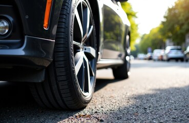 A close-up view of a modern car tire and wheel on a paved road during daytime