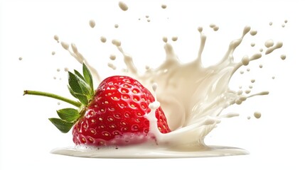 Splashing Strawberry in Milk against Clean White Background
