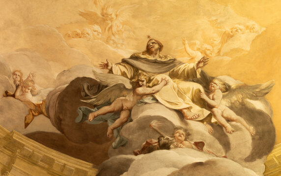 PIACENZA, ITALY - MAY 19, 2025: The fresco of Apotheosis of  St. Dominc in church  Basilica di San Giovanni in Canale by Francesco and Giovanni Battista Natali and Sebastiano Galeotti from year 1721
