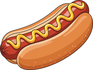 Delicious cartoon hot dog with mustard, tasty sausage in bun, fast food snack, grilled meat sandwich, vector illustration for menu, restaurant, takeaway design