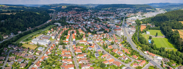 Aerial view around the old town in the city  Kronach, 96317, on an cloudy spring noon