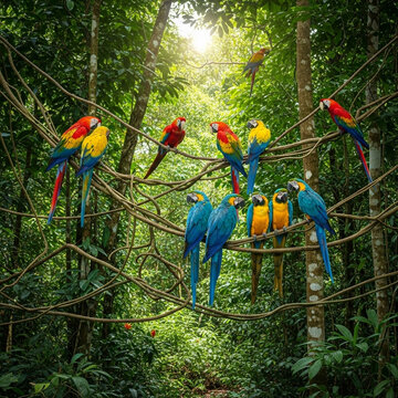 A flock of cheerful parrots socialize in their tropical habitat.