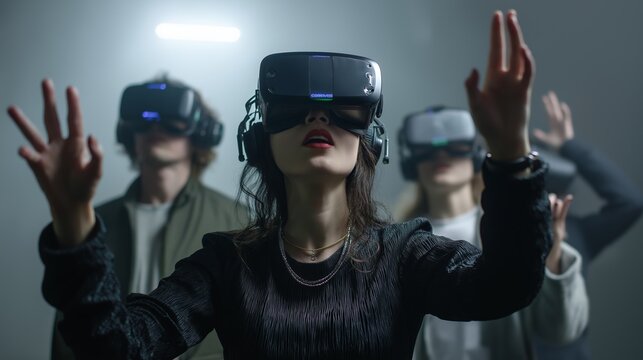 People wearing VR headsets immersed in digital technology interaction. AI generated.