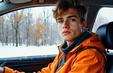 Young man sitting in car with winter landscape outside, looking thoughtful and relaxed