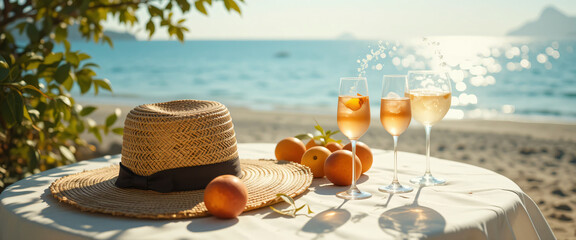 Dreamy summer seaside table scene with straw hat, fruits, and aperol spritz under dappled sunlight, evoking vintage warmth and coastal elegance.