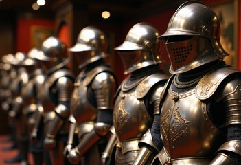 Fototapeta premium Row of medieval-style knight armor suits displayed in a museum or exhibition setting