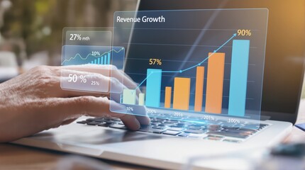 Revenue Growth Visualization: Laptop with Projected Business Chart, Data Analysis.