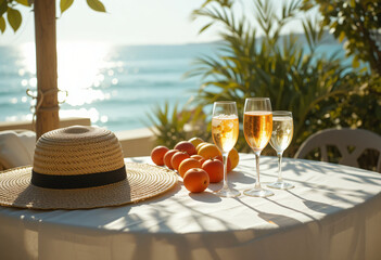 Dreamy summer seaside table scene with straw hat, fruits, and aperol spritz under dappled sunlight, evoking vintage warmth and coastal elegance.