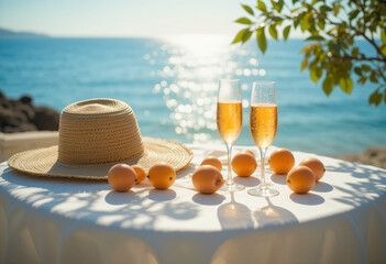 Dreamy summer seaside table scene with straw hat, fruits, and aperol spritz under dappled sunlight, evoking vintage warmth and coastal elegance.