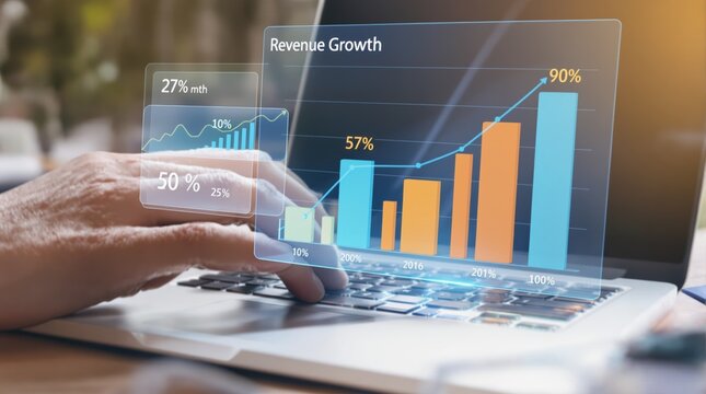Revenue Growth Visualization: Laptop with Projected Business Chart, Data Analysis.