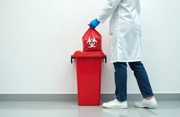 Person in lab coat, blue gloves holds white bag with red cross in front of red trash. Indoor space with gray floor, Biohazard sign on white wall. Hazardous situation, infectious waste, infection
