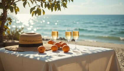Dreamy summer seaside table scene with straw hat, fruits, and aperol spritz under dappled sunlight, evoking vintage warmth and coastal elegance.