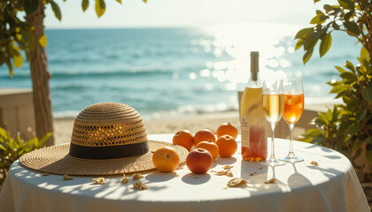 Dreamy summer seaside table scene with straw hat, fruits, and aperol spritz under dappled sunlight, evoking vintage warmth and coastal elegance.