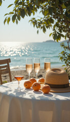 Dreamy summer seaside table scene with straw hat, fruits, and aperol spritz under dappled sunlight, evoking vintage warmth and coastal elegance.