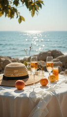 Dreamy summer seaside table scene with straw hat, fruits, and aperol spritz under dappled sunlight, evoking vintage warmth and coastal elegance.
