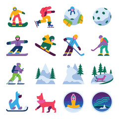 2d vector illustration icon, set of vibrant representing unique winter activities and sports
