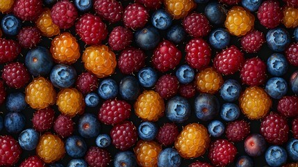 Assorted berries including blueberries, raspberries, and blackberries spread across a dark background