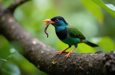Blue-headed parrot perches on branch, green insect dangling from beak. Vivid colors contrast with earthy tones of branch, few fallen leaves speckled. Soft blur of green foliage in background, adding