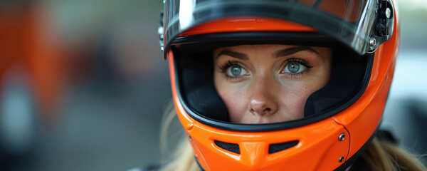Woman racer wears vibrant red helmet with black visor, focused on road ahead. Intense determination reflected in her eyes, ready for competition, speed. Blurred background with orange, green hues.