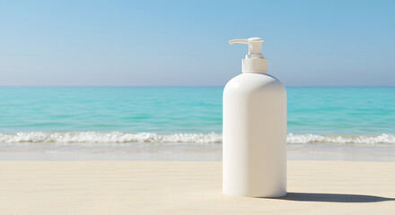 White Sunscreen Lotion Pump Bottle on Sandy Beach with Seascape and Clear Sky &ndash; Summer Skincare Packaging Mockup