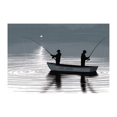 "Still Waters: Black and White Fishing Silhouette Dawn Landscape"