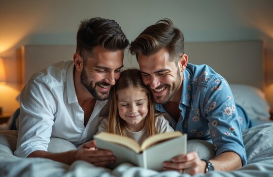 Gay male couple with daughter lying in bed reading book together. Stylish same-sex family sharing moment. Father, mother, child snuggle up in bedroom. Woman, man in white shirts hold book for girl.