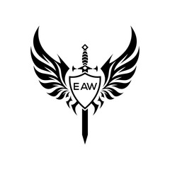 EAW Black and White Heraldic Emblem with Wings and Sword, EAW Later Logo, Guardian Angel Sword and Shield Tribal Vector, Winged Sword and Shield Logo Design with Tribal Style. 
