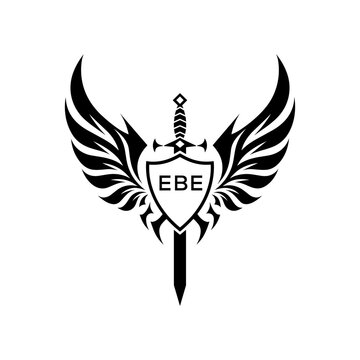 EBE Black and White Heraldic Emblem with Wings and Sword, EBE Later Logo, Guardian Angel Sword and Shield Tribal Vector, Winged Sword and Shield Logo Design with Tribal Style. 
