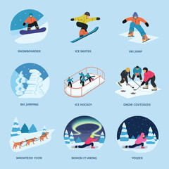 2d vector illustration icon, set of vibrant representing unique winter activities and sports
