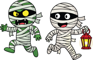 Two cute cartoon mummies running with lantern, Halloween character illustration, wrapped bandage costume monsters, funny spooky scene, comic style drawing, kid-friendly Halloween art