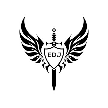 EDJ Black and White Heraldic Emblem with Wings and Sword, EDJ Later Logo, Guardian Angel Sword and Shield Tribal Vector, Winged Sword and Shield Logo Design with Tribal Style. 
