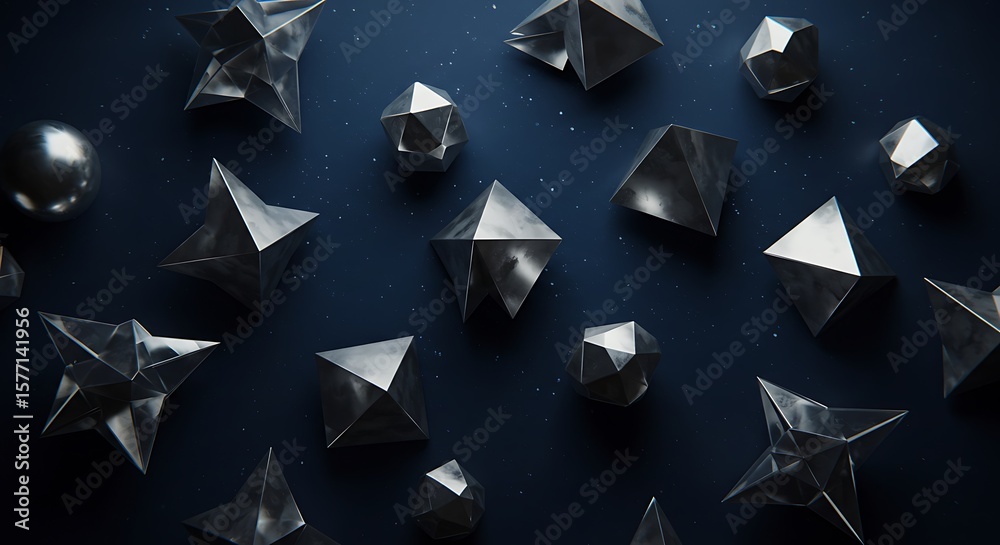 Poster metallic geometric forms scattered across a dark blue field create an abstract and modern background