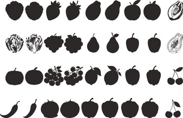 Fototapeta premium Collection of black silhouettes of various fruits and vegetables