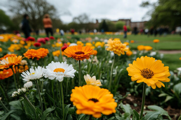 Fototapeta premium Vibrant spring flowers bloom in a lively garden