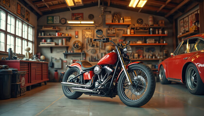 Black motorcycle with red accents on gray tiled floor. Garage background with industrial atmosphere. Gray car parked behind motorcycle, red car partially visible in background. Various tools,