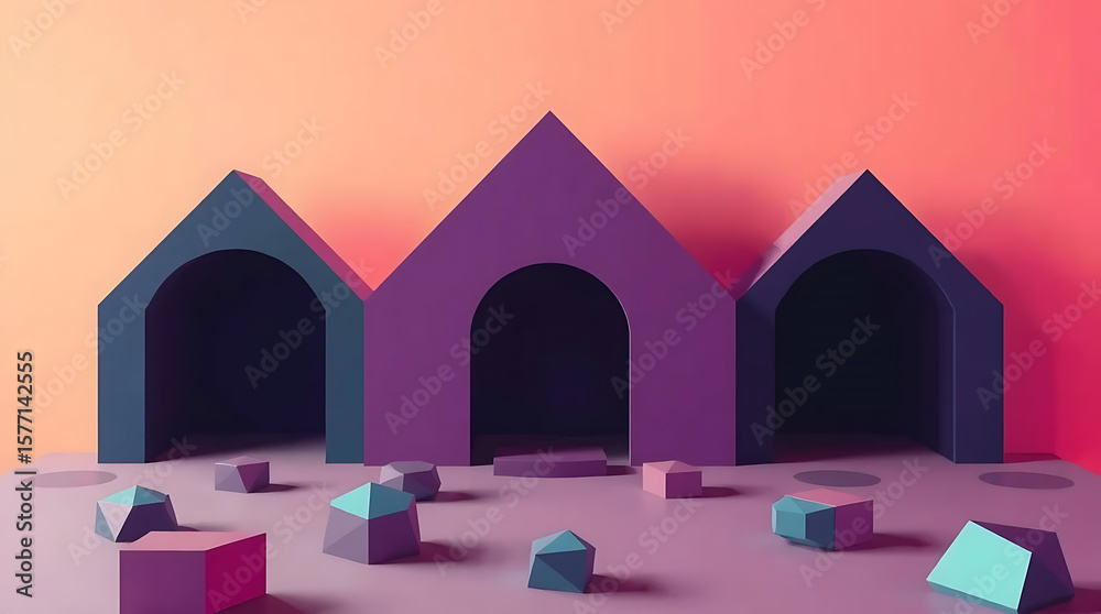 Fototapete abstract geometric house forms 3d render of purple architectural structures