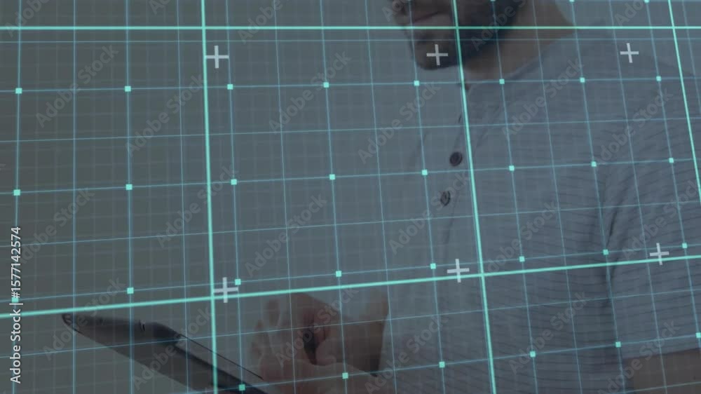 Aufkleber office worker hand entering and tapping touchscreen device for tech navigation on cyan grid