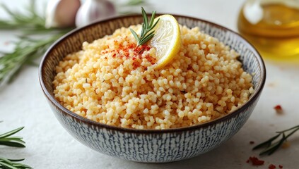 Bowl of cooked couscous with lemon