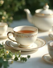 Fototapeta premium Tea setting on table with white tablecloth. White teapot with gold accents, matching cup at center. Saucers in triangle formation. Gold plates on table edge. Tree visible through window in