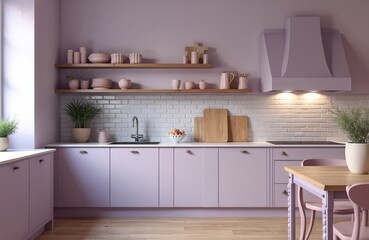 Purple kitchen design with modern cabinet, table, purple wall. Pastel purple background with shelves. White refrigerator, pink sink. Pink flowers, rug, decorative vases. Minimalist kitchen interior.
