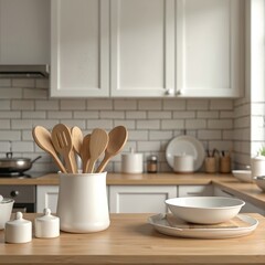 Kitchen scene with well-organized wooden counter and white cabinets. Wooden cutting board holds six wooden spoons, three white bowls, coffee maker, and salt pepper shaker.