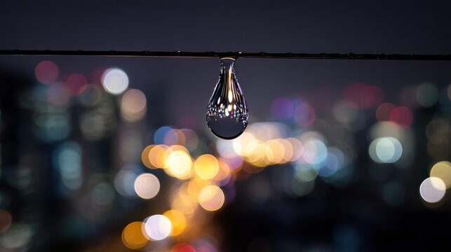Glass raindrop hanging from thin thread against black, refracting inverted city lights, bokeh background