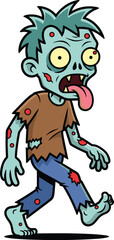 Funny cartoon zombie with tongue out, goofy undead character, Halloween walking monster, creepy blue skin, comic horror illustration, tattered clothes, infected scary creature