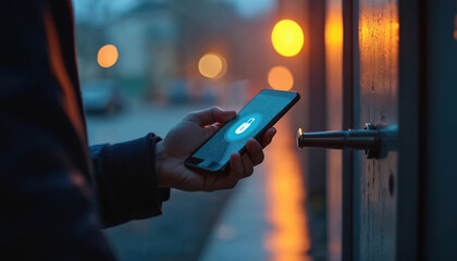 Person unlocks door with smartphone at night. Hand holding black mobile phone with white lock symbol, approaching modern wooden door with keyhole. Urban street scene with car, street lamp blurred in