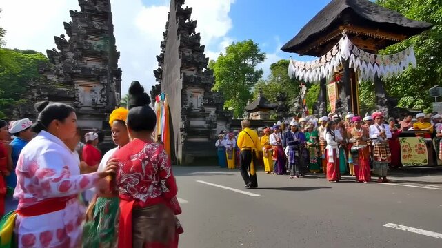 Traditional Balinese ceremony with vibrant attire and ornate temples
