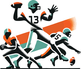 Dynamic illustration of american football players in action with bold colors and modern style © saiful