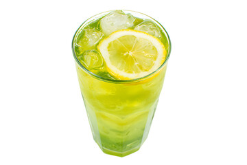 a glass of lemonade with a slice of lemon