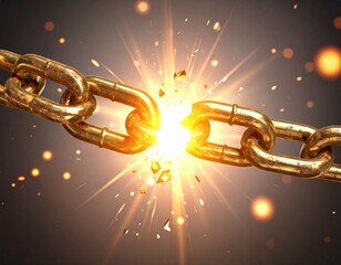 A heavy, rusted golden chain, visibly broken in the center, with bright light and sparks emanating from the break. Symbolizes freedom, liberation, and breaking oppression.