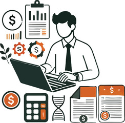 Financial analyst working on laptop with charts and finance related elements illustration