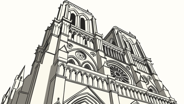 Line drawing of notre dame cathedral showcasing its architectural details and gothic design elements